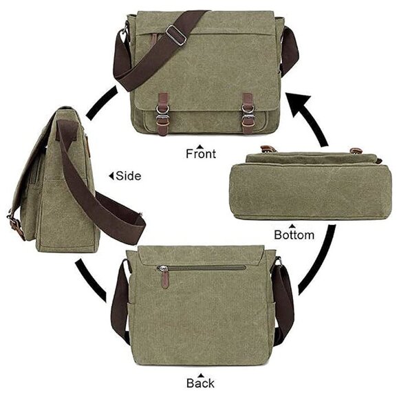 Messenger Bag for Men Retro, Canvas Satchel casual Briefcases Green15 - Picture 3 of 9